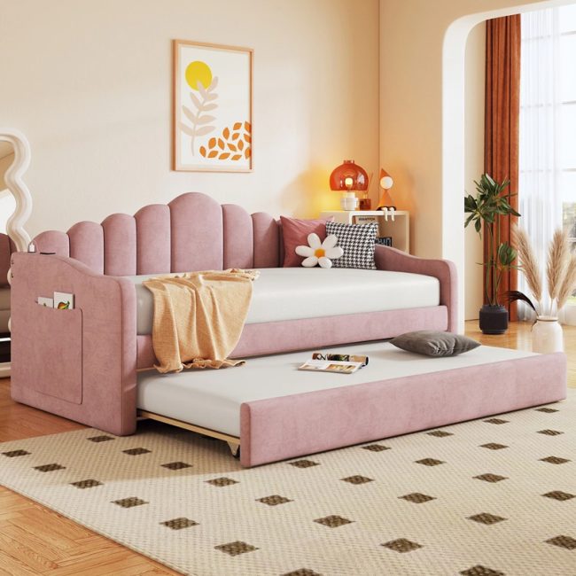 Modern Velvet Upholstered Day Bed with Trundle