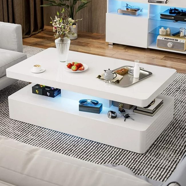 Rectangle Design White 2 Tiers Coffee Table