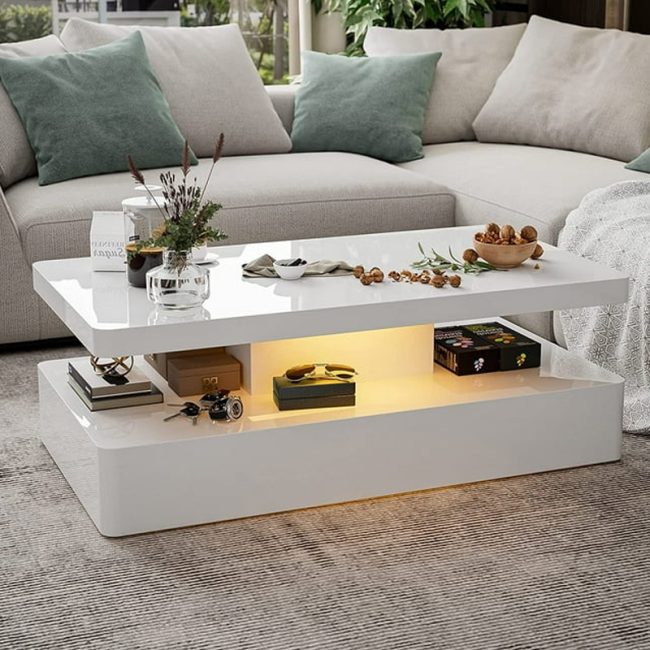 Rectangle Design White 2 Tiers Coffee Table