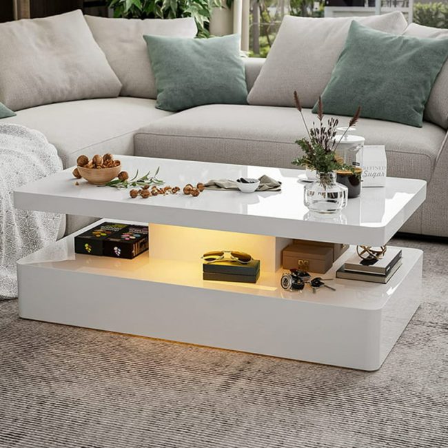 Rectangle Design White 2 Tiers Coffee Table