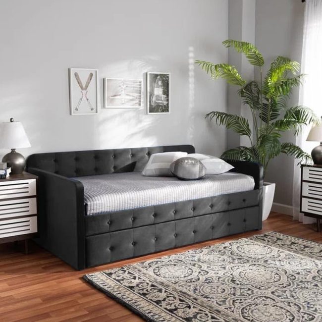 Velvet Upholstered Daybed with Trundle Bed