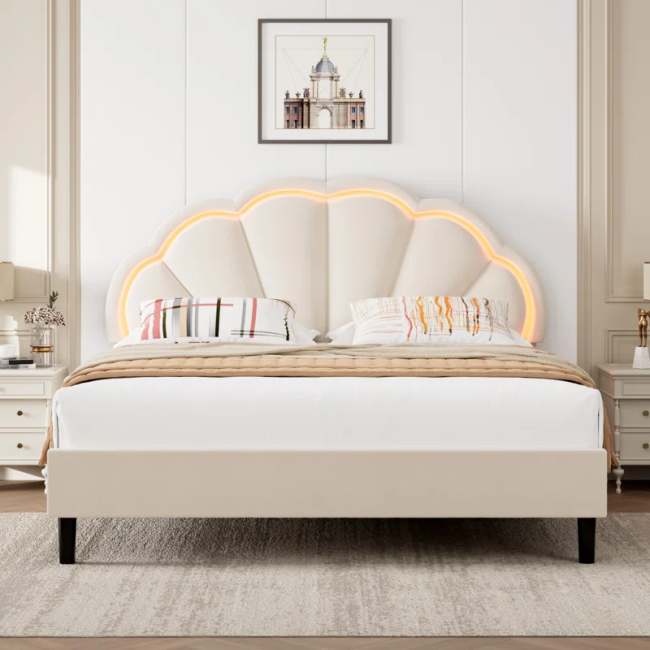 FSM Flower Silhouette Headboard Upholstered Platform Bed