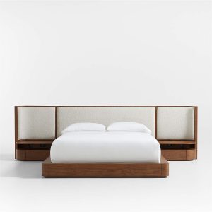 Natural Walnut Wood Upholstered Queen Bed with Nightstands