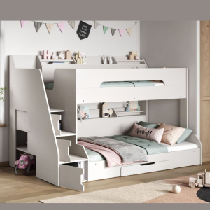 Staircase Triple Bunk Bed in White with Shelves & Drawers