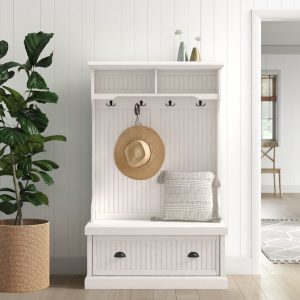 White Ejera Hall Cabinet with Bench and Shoe Storage