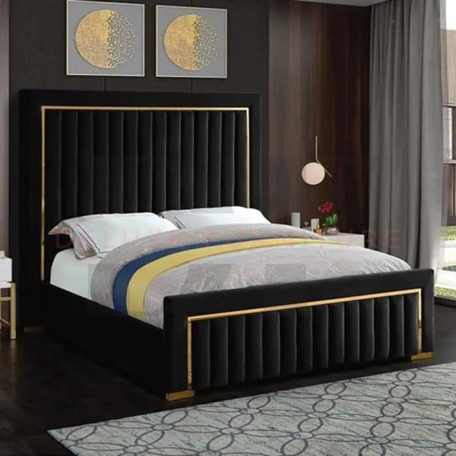 Gold-trim-high-headboard-bed-with-velvet-upholstery-5