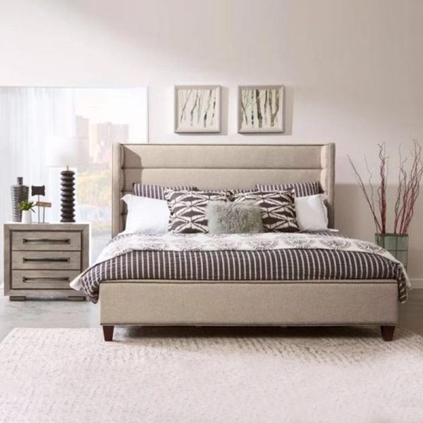 Beige Bed with Shelter Wing and Channel Tufting