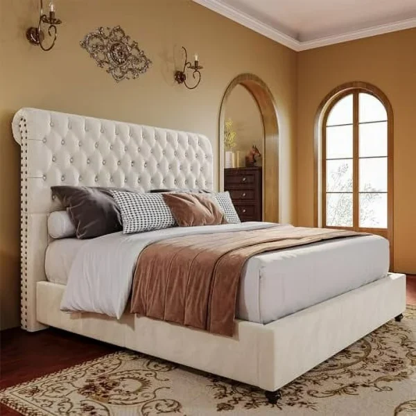 Rolled Edge Deep Button Tufted Headboard Bed