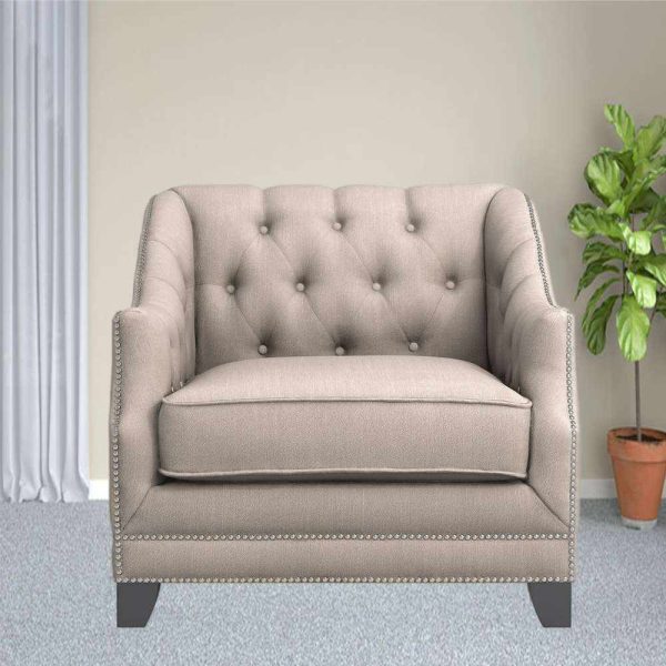 Button-Tufted Arm Chair in Beige Polyester