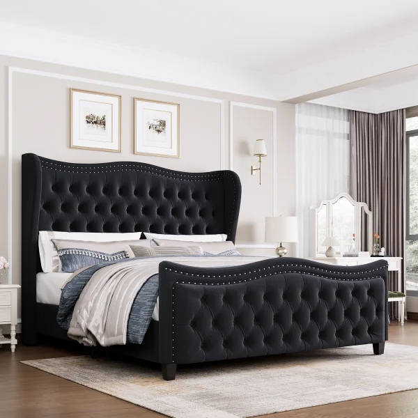 Modern Velvet Deep Button Tufted Upholstered Bed