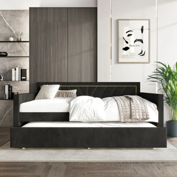Modern Velvet Upholstered Day Bed with Trundle