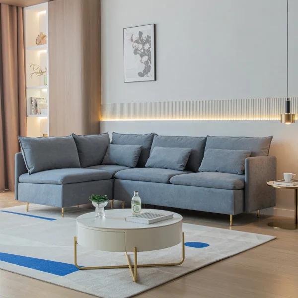 L Shape Fabric Sofa Corner Couch Set with 3 Pillows
