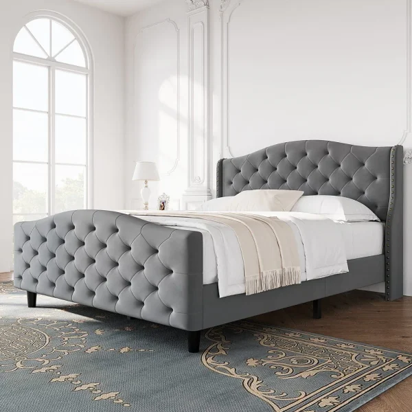 Modern Wave Design Deep Tufted Headboard Bed