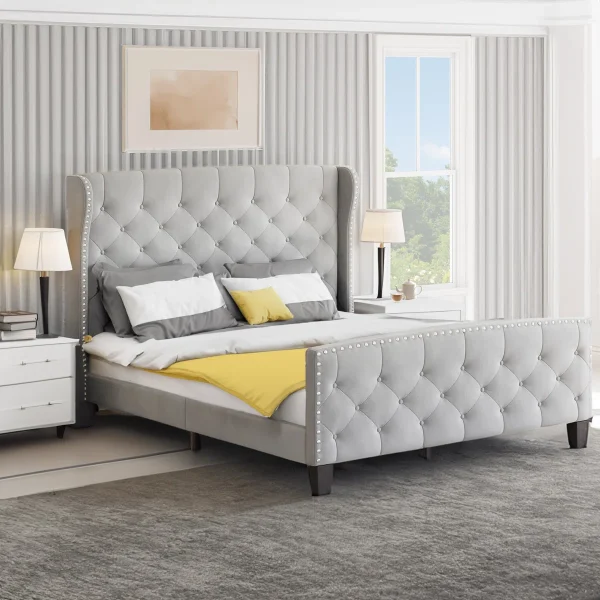 Elegant Wingback Velvet Tufted Headboard Bed
