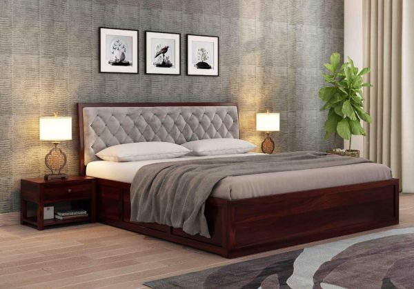 Wooden Bed with Upholstered Cushioned Headboard