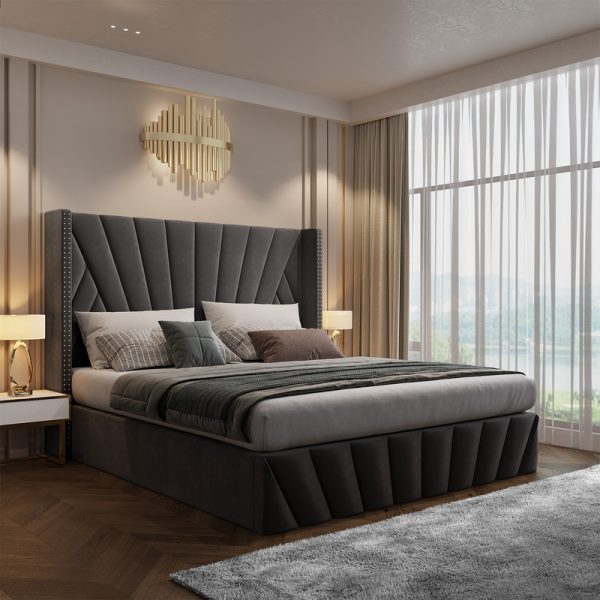 Luxury Grey Velvet Bed Engineered Wood