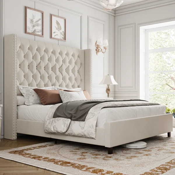 Deep Tufted Tall Headboard Bed Frame with Wingback