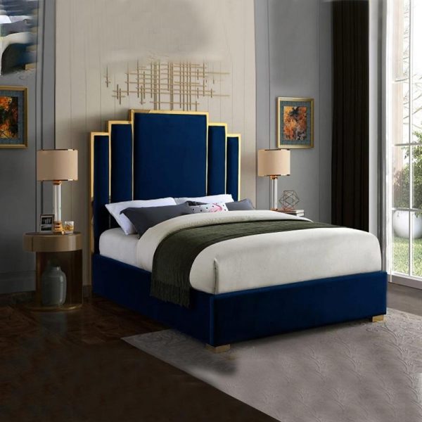 Velvet Upholstered Queen Size Bed in blue