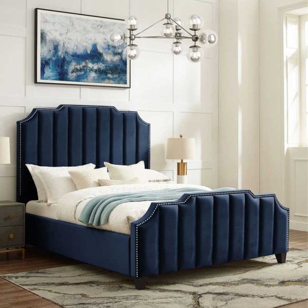 Vertical line Bed with Velvet Upholstery