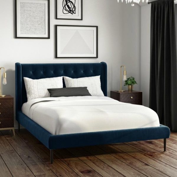 Winged Headboard Bed Frame in Navy Velvet