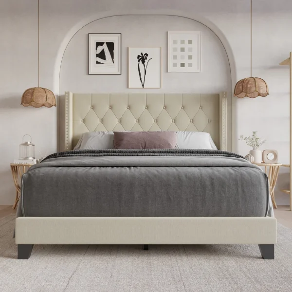 Nailhead Wingback Linen Fabrics Headboard Bed
