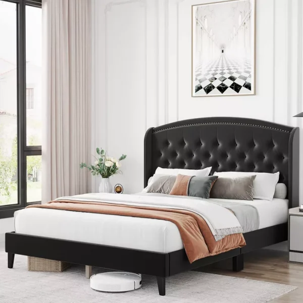Wingback Button Tufted Upholstered Headboard Bed