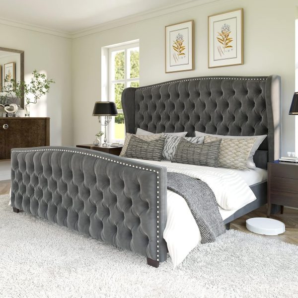 FSM Velvet Upholstered Headboard Bed Frame