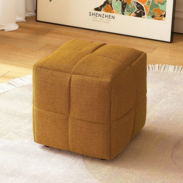 Wide Cube Linen Pouf Ottoman
