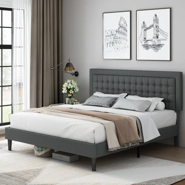Modern Bed Frame with Button Tufted Headboard Bed